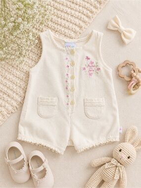 Yellow Disney Baby Girl Sleeveless Romper with Pink Floral Embroidery